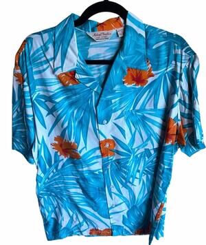 Vtg Michael Gerald Hawaiian Shirt Mens L Aloha Rayon Hand Screened Blue Orange